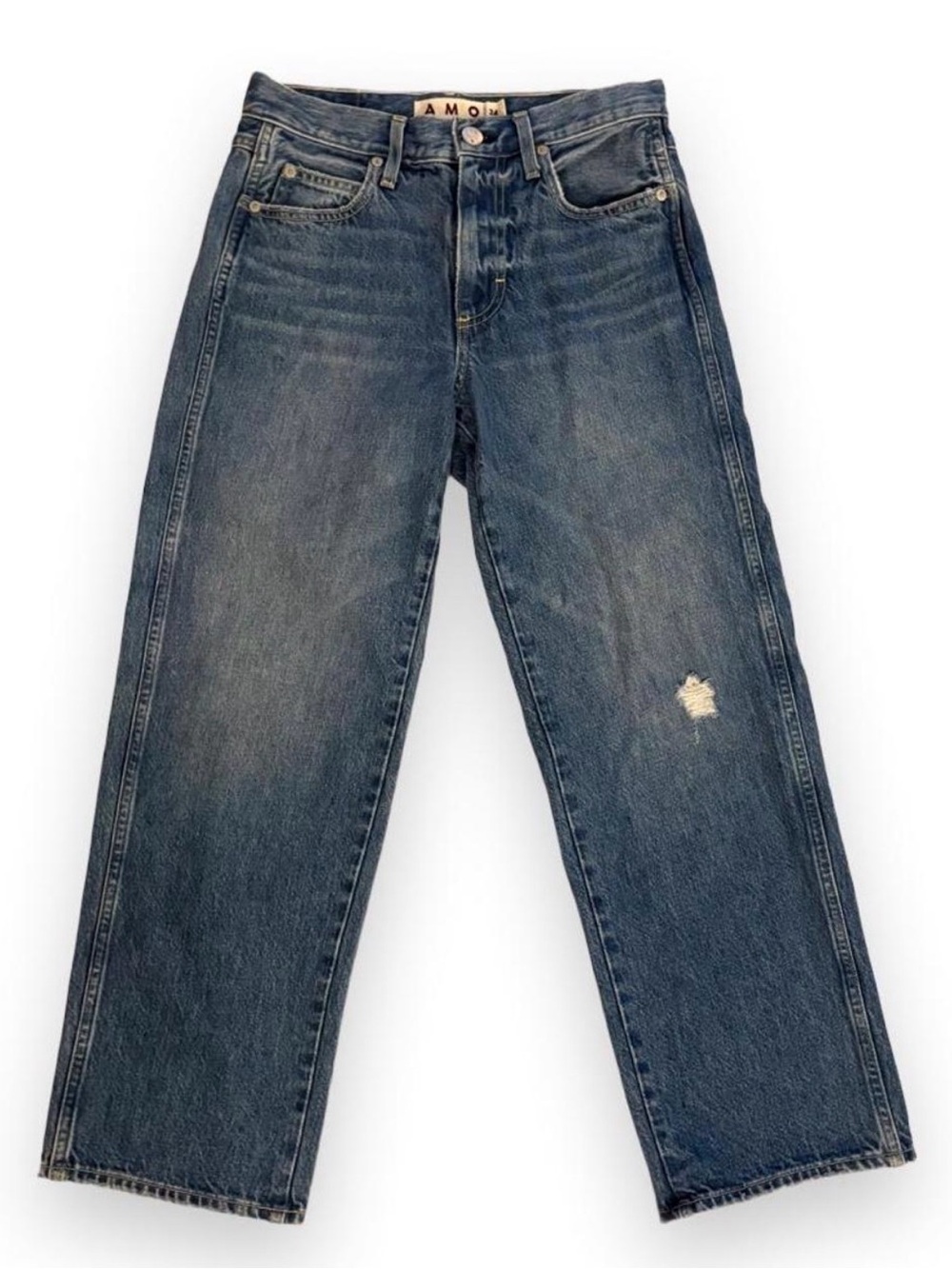 AMO Women's Straight Jeans in Washed Blue with Knee Distress